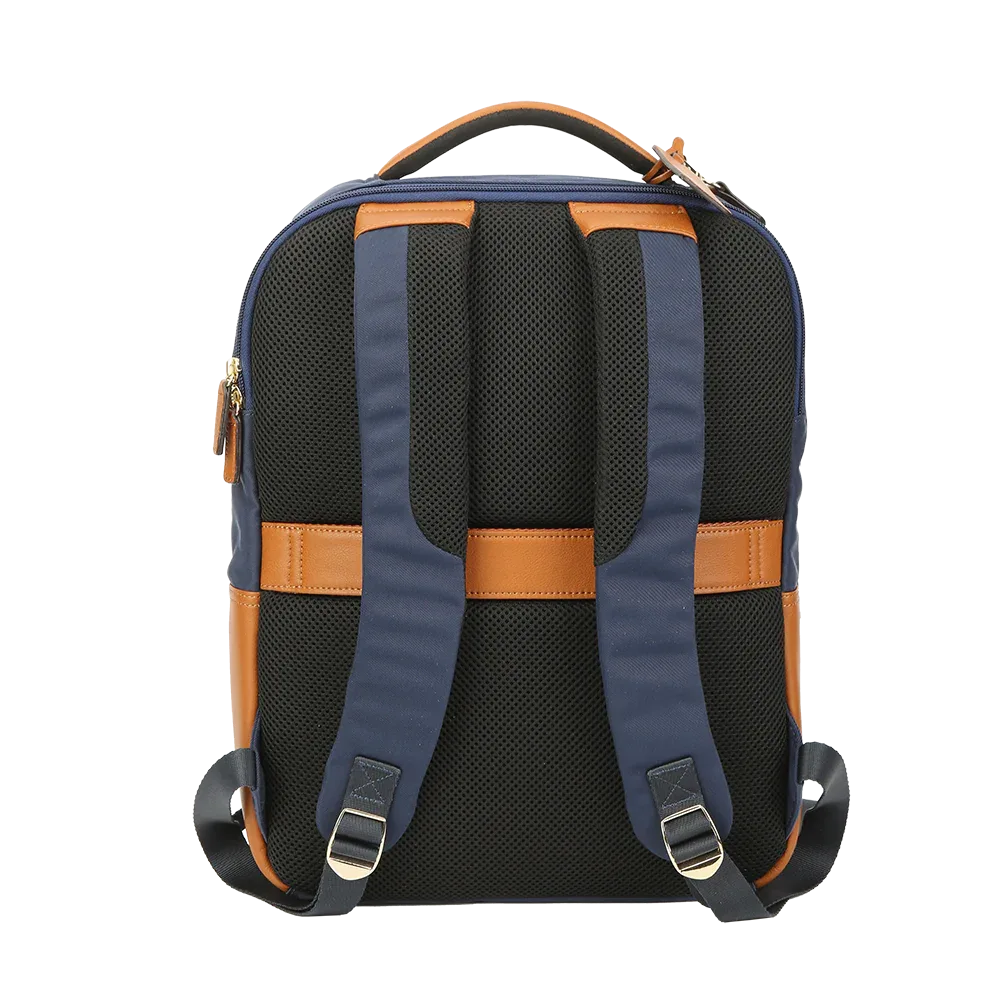 Nylon & Leather Laptop Backpack – Navy with Brown Trim (16")