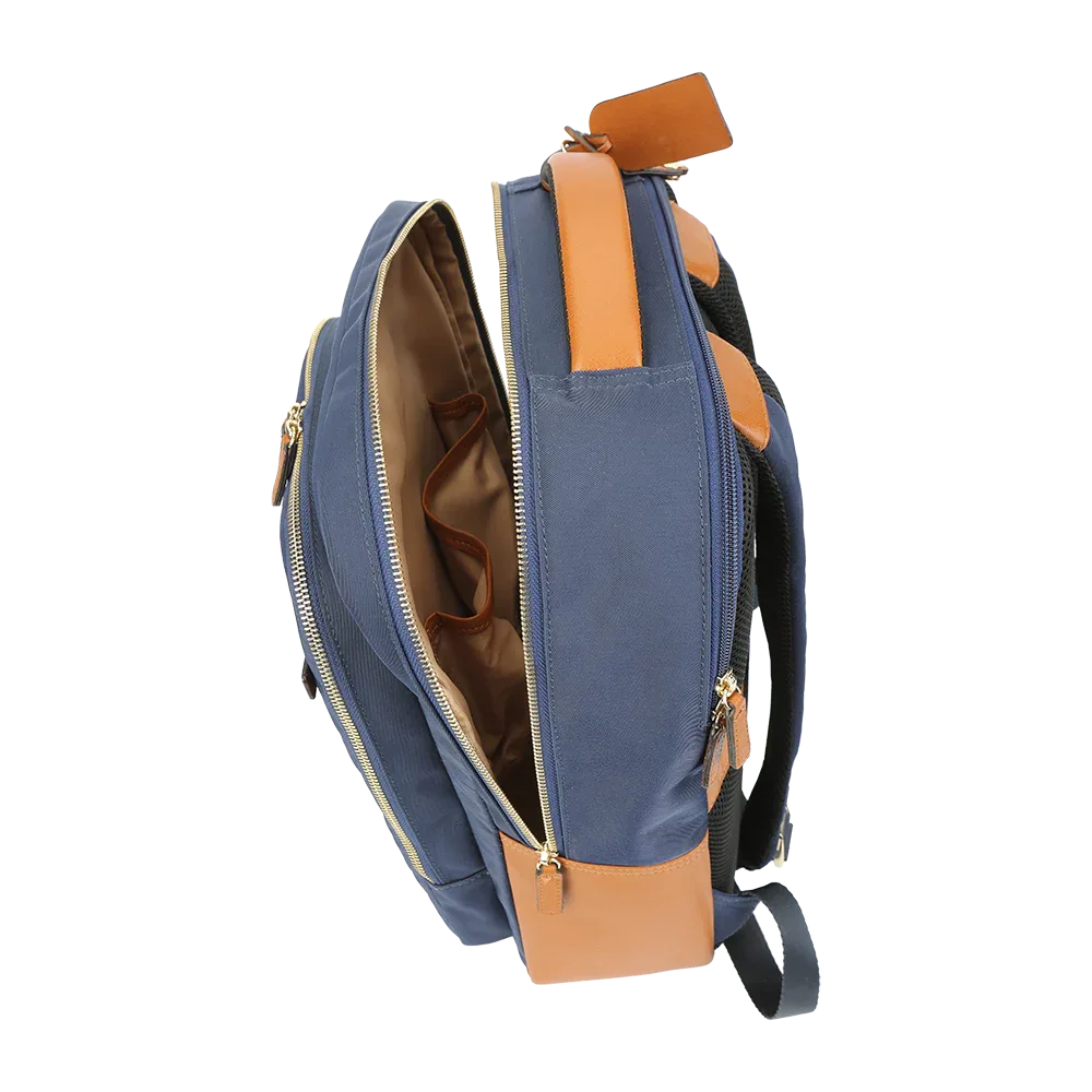 Nylon & Leather Laptop Backpack – Navy with Brown Trim (16")