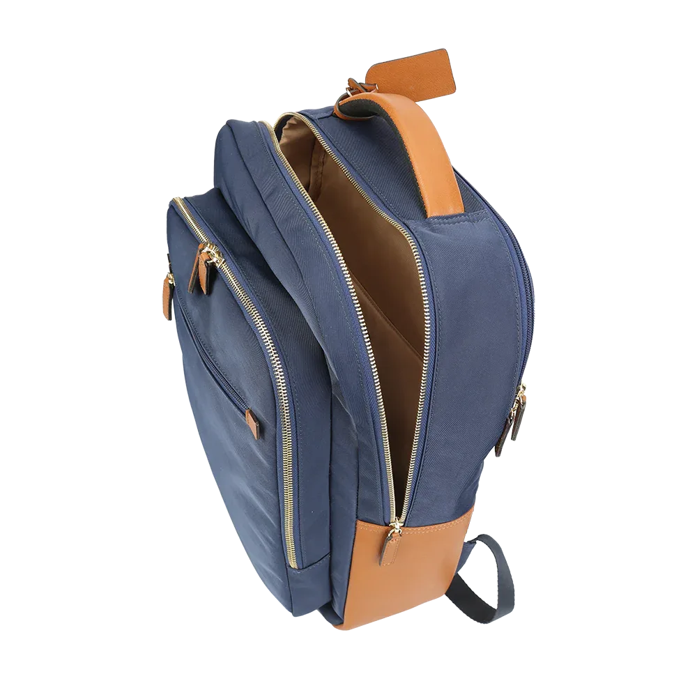 Nylon & Leather Laptop Backpack – Navy with Brown Trim (16")