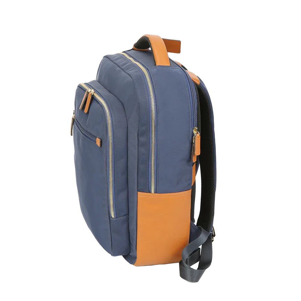 Nylon & Leather Laptop Backpack – Navy with Brown Trim (16")