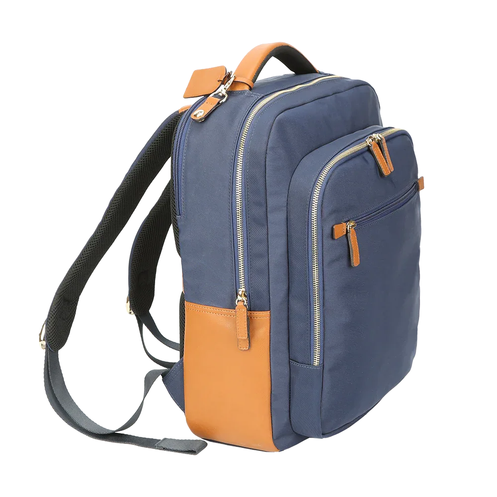 Nylon & Leather Laptop Backpack – Navy with Brown Trim (16")